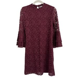 Lace Whimsigoth Sheath Dress Boho Bell Sleeves Red Burgundy Witchy Gypsy Size M